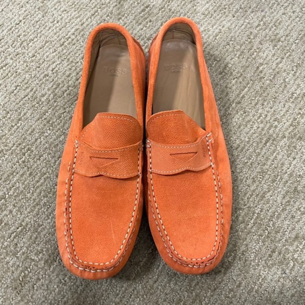 BOSS Hugo Boss Penny Loafers Men 43 Orange US 10 Suede Driving Shoes Bold Casual
